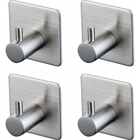 Ganchos autoadhesivos de acero inoxidable para colgar ropa, toallas y sombreros, resistentes, 4 unidades, plateados, sin taladro ni tornillos. (1/4)