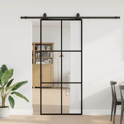 Schiebetür mit Beschlag Schwarz 90x205 cm ESG-Glas
