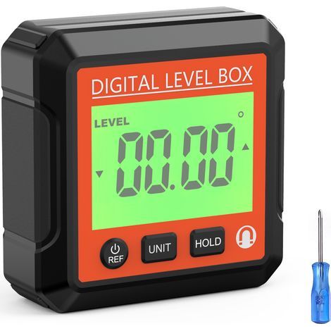 Digital inclinometer and protractor, angle measuring instrument, red, bubble-free. (1/5)