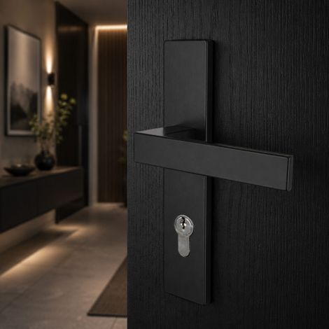 Ouvre&Déco - 2 poignées de porte LOFT en métal noir mat – Entraxe 165 mm – Trou de cylindre européen – Sans ressort de rappel – Porte d’entrée