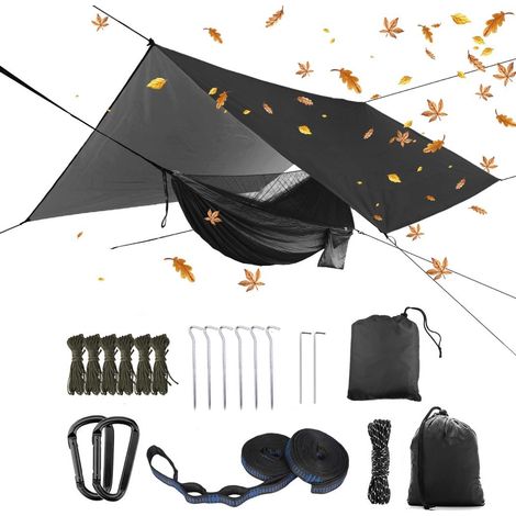 Übergroße Regenschutzplane und Campinghängematte mit Moskitonetz, tragbare Einzel- und Doppelhängematte mit Baumgurt für Camping, Wandern, Gartenarbeit (schwarz)