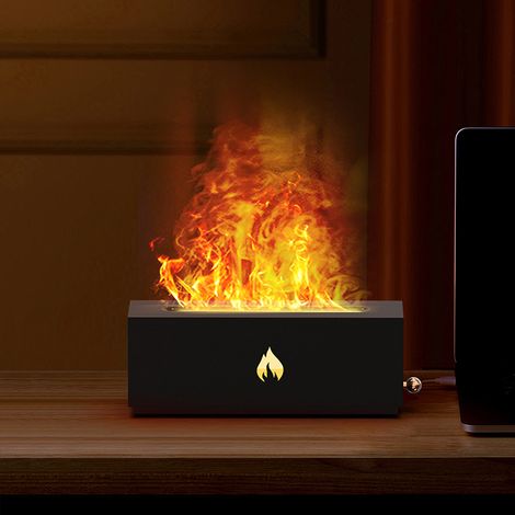 Aromadiffusor mit langer, simulierter Flamme, 3D-Kamin, breiter Sprühstrahl, Raumduftverstärker, Luftbefeuchter mit siebenfarbiger Flamme, schwarz. (1/5)