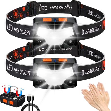 Lampe Frontale LED Ultra Puissante 2 Pack, 2000 Lumens USB Torche Frontale Rechargeable avec Capteur de Mouvement, Légère et Étanche 14 Modes pour Course, Camping, Pêche (1/5)