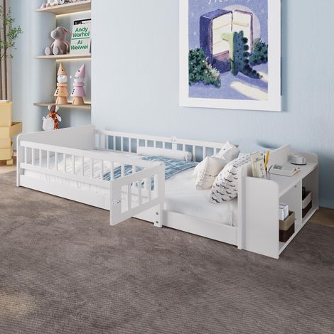 Lit en bois, lit enfant, 90 x 200 cm, pin, rangement ouvert, étagères, coffre ouvrant, sans matelas, blanc