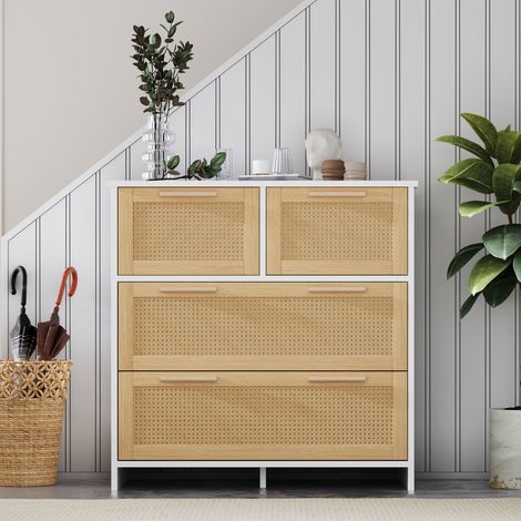 Cassettiera, cassettiera in rattan a 4 cassetti con maniglie in legno massello, naturale+bianco, 80×80×38 cm (1/5)