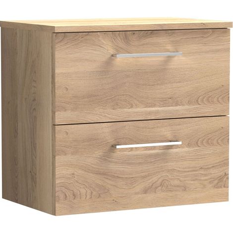 Balterley Bramshall Modern Bathroom 600mm Wall Hung 2 Soft Close Drawer Vanity Unit with Worktop, 558 x 605 x 390mm, Bleached Oak (1/4)
