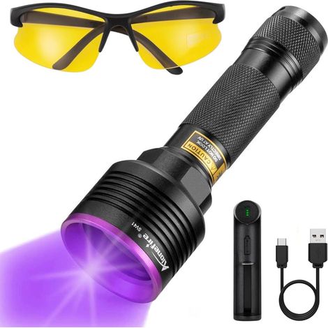 SV41 10W Lampe Torche UV LED 395nm Rechargeable Lampe Ultraviolet Lumiere Noire Détecteur D'urine pour Resine, Pêche, Scorpion, Minéraux avec Lunettes de Protection UV, Chargeur, Batterie