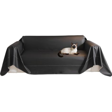 Waterproof Sofa Cover, 380 x 180 cm, Faux Leather Cover/Sofa Cover with Arms (Black Leather, 3 Seater) (1/5)