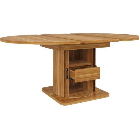 Mesa de comedor extensible redonda a ovalada 118-158 cm con cajón MDF marrón oscuro (1/5)