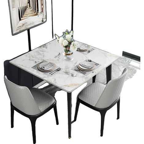 Table à manger, Plateau en pierre frittée, Style moderne minimaliste, Blanc et Émeraude (1/2)