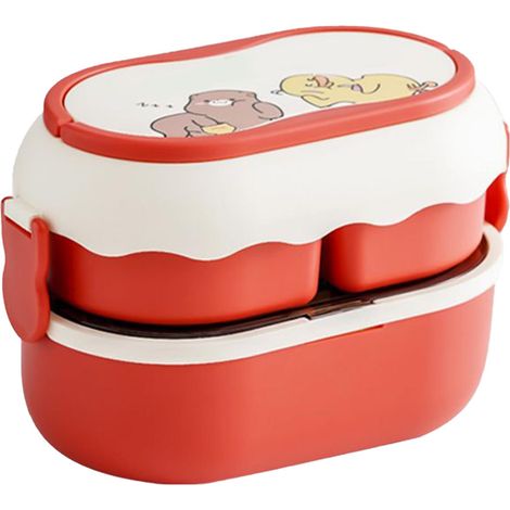 Boîte à lunch à 2 niveaux et 3 compartiments, grande capacité, compatible micro-ondes, mignonne et portable, de type bento, rouge. (1/5)