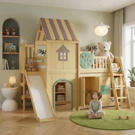 Letto a soppalco con scivolo, letto a castello, letto per bambini, design a casetta, scala a tre gradini, con vani portaoggetti, cassettiera e armadio, pino+MDF, naturale+verde, 90x200 cm (1/5)
