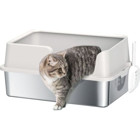 Tray to litter for cat, in stainless steel, to edge high and shovel for a cleaning easy, 60 x 40 x 28 cm, gray clear (1/5)