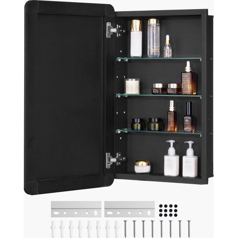 Armoire à pharmacie, 420 x 700 mm, placard de rangement de salle de bain pour médicaments, avec miroir, cadre en aluminium et étagères réglables à 3 couches, installation encastrée et murale (1/5)