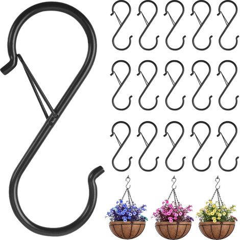 15 Pièces - Crochet En S - Métal - Avec Boucle De Sécurité Anti-Chute Pour Barres Diamètre 1,2cm - Usage Cuisine Salle De Bain Jardin Bureau - Noir - 9,5x4cm (1/5)
