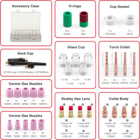 Kit d'accessoires de soudage TIG 68 pièces : coupelles en verre résistant à la chaleur, ensemble de lentilles pour gaz courts, compatible WP-17/18/26 (1/2)