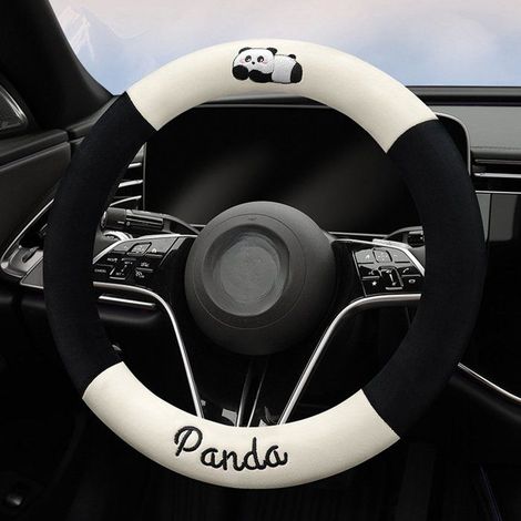 Housse de volant d'hiver adaptée à la voiture - Housse de volant courte en peluche à motif panda mignon - Chaude, (1/5)
