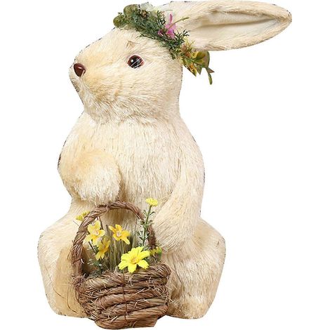 Paniers de fleurs lapin blanc créatif avec couronne, ornement de Pâques fait main, figurines de lapin mignon debout pour décoration. (1/4)
