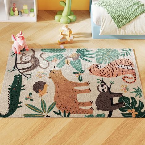 Tapis en polaire à motif jungle, facile d'entretien, blanc crème et multicolore (1/5)