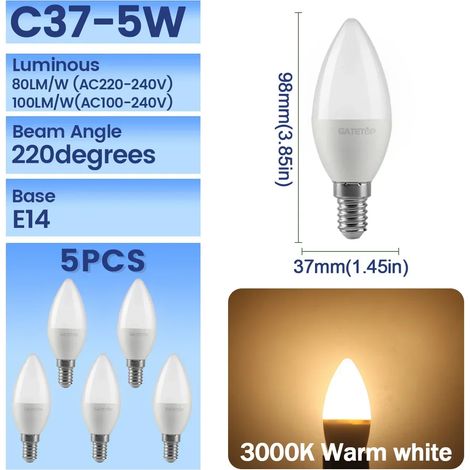 (C37 3000K, AC220-240V) Lot de 5 ampoules LED, culot E14, sans scintillement (1/3)
