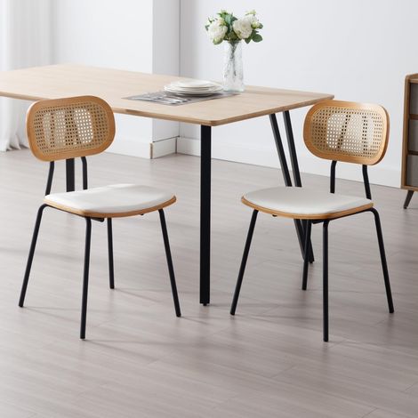 Wahson Juego de 2 Sillas de Comedor de Madera con Respaldo de Ratán y Asiento Tapizado en Piel Sintética PU, para Cocina, Salón y Restaurante, Blanco