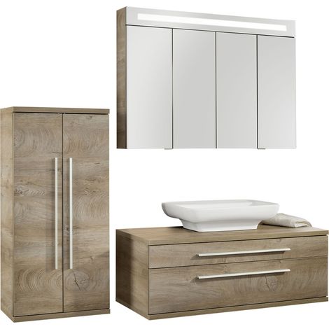 Fackelmann STANFORD Badmöbel Set 4-teilig, 110 cm breit, Braun, Aufsatzbecken+Spiegelschrank+Midi"-"90337145 (1/2)