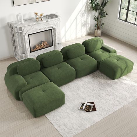 Canapé Modulaire U 4 Places en Velours Côtelé,Base Anti-Dérapant,Repose-pieds amovibles,Accoudoirs XL,Ergonomique 32D hautement élastique,Vert