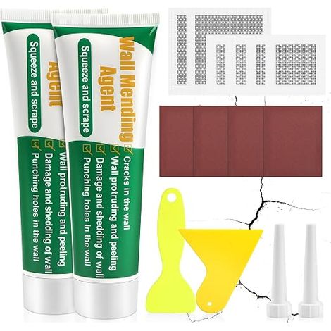 2 x Wall Repair Cream, Small Hole Filler, Ready to Use Smoothing Plaster in Paste with Patch, Spatula and Abrasive Paper for Filler Imperfections and Cracks 100g/Green (1/5)