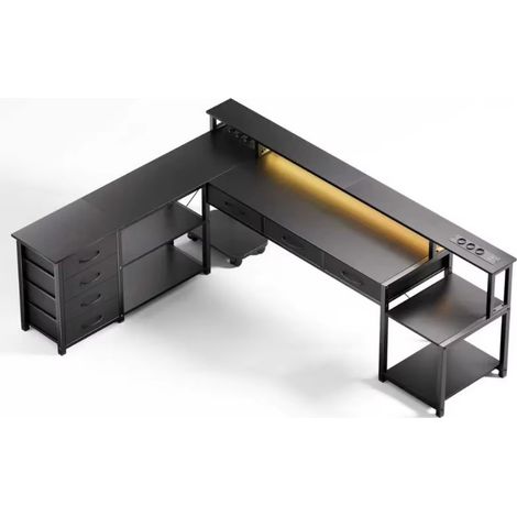 Bureau informatique LED 146×200 cm – bureau d’angle avec rangement tiroirs – prises de courant et ports USB intégrés,Noir