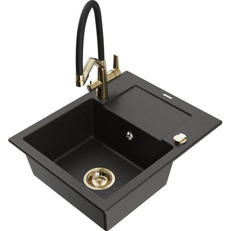 Mexen Enzo 1 Becken-Granitspüle mit Abtropffläche und Mischbatterie Duo, Schwarz/Gold metallisch - 6