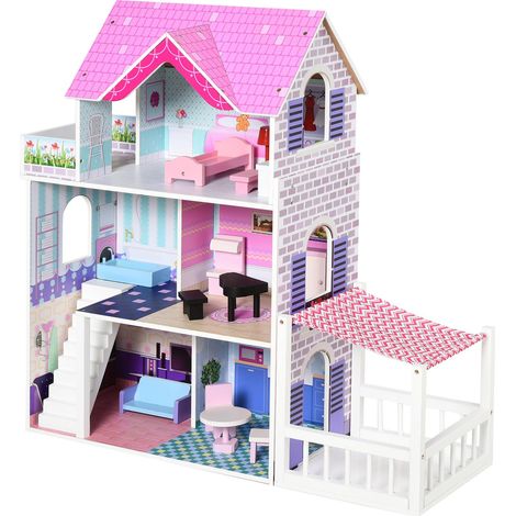 Casa delle Bambole 3 Piani 86x30x87 cm in Legno con Accessori  Rosa (1/5)