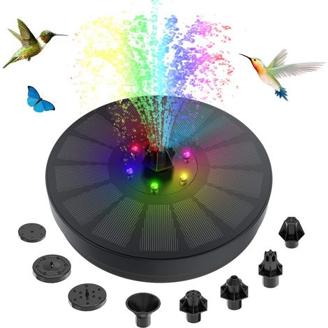 Solarbetriebene Vogeltränke-Brunnenpumpe, 3-W-Solar-Wasserfontäne mit farbigen LED-Leuchten, 8 Düsen und 4 festen Rohren für Vogeltränken, Gärten, Pools, Teiche, Aquarien und als Außendekoration