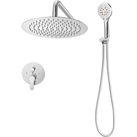 Mophorn Duscharmatur Regenduschsystem fürs Badezimmer mit 254 mm rundem Regenduschkopf und Handbrause, wandmontiertes Duschset mit Messingventil und Ziergarnitur, gebürstetes Nickel