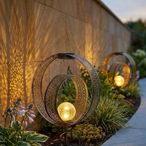 Lampada solare sfera orientale luce decorativa giardino lampada solare solare metallo per esterni, vetro craquelé, picchetto da terra, 1x LED 0,06W bianco caldo, LxLxA 30x20x42 cm, set da 2 (1/5)