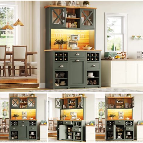 Armoire haute cuisine verte,buffet de Cuisine avec éclairage LED,portes vitrées,rangement vin et tablettes réglables,120x45x188cm