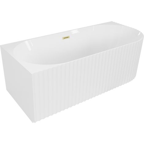 Mexen Gia freistehende Eckwanne links gerillt 150 x 75 cm, weiß glänzend, Überlauf gold gebürstet - 52701507500L-55