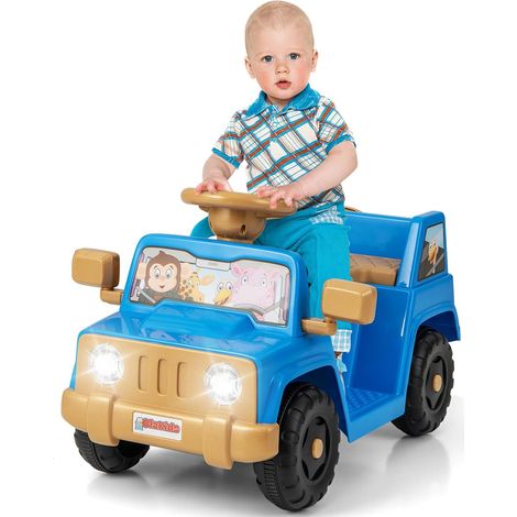 COSTWAY 6V Voiture Électrique Enfant avec Volant & Klaxon & Lumières LED, Véhicule Électrique avec Gobelet de Rangement & Pédale, 2,6 km/h, Charge 20kg pour Enfant de 18 Mois+ (Bleu) (1/5)