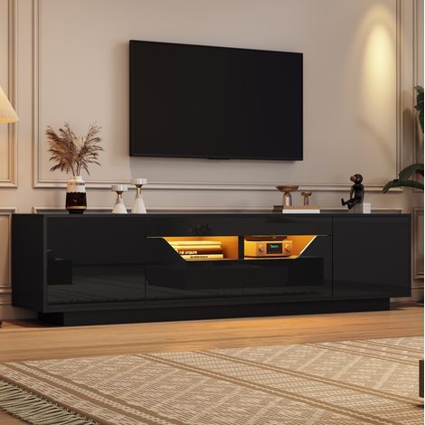 Mobile TV 180x40x45 cm per TV fino a 75 pollici, LED, 2 cassetti, 2 ante, pannello truciolare nero (1/5)