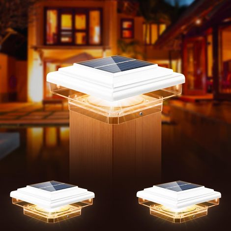 Set mit 2 Solarleuchten mit Schutzkappen, 8 LEDs, IP65 wasserdichte Solar-Gartenleuchten für 70 mm/80 mm/90 mm/100 mm Zaunpfosten (76 x 76 mm) Weiß [Energieklasse A]