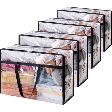 Lot de 4 sacs de rangement pliables transparents de 60 L avec poignées pour transporter vêtements, couvertures, s et livres
