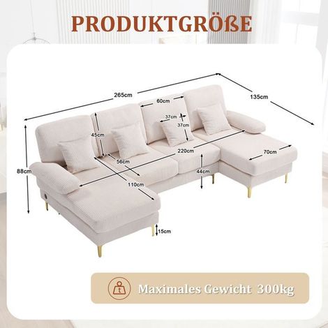Canapé d'angle en U 265x135 cm, Velours beige, LED, USB, dossier ergonomique, structure bois massif, 4 coussins (1/5)