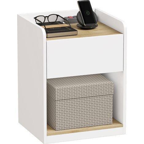 Table de chevet - HOMCOM - moderne, tiroir à glissières, niche, plateau, passe-câbles - bois - 42x37x55cm - blanc chêne (1/5)