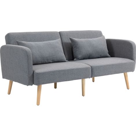 Canapé 3 places convertible, 170 x 83 x 80 cm, dossier et pieds réglables en 3 positions, ressorts ondulés, coussins décoratifs, aspect lin, gris. Disponible sur place (1/5)