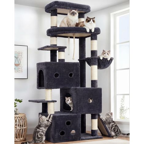 Arbre à Chat 188cm Géant avec 3 Cabanes Superposées et Grande Plateforme, Grattoir sur Pieds Stable avec Sisal Naturel et Rampe, Meuble pour Chat Intérieur, Gris Fumé HCT061G (1/5)