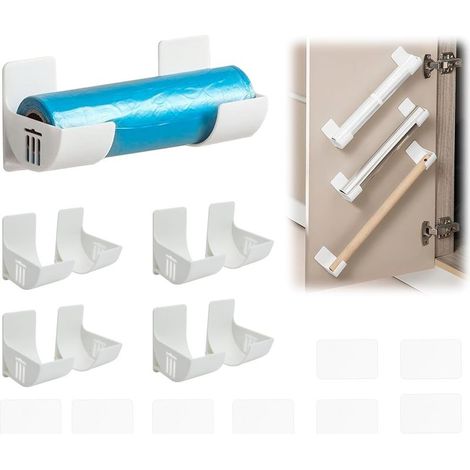 Organizzatore per pellicola alimentare - Mensola adesiva da parete con 4 coppie per armadietto del bagno, frigorifero, cucina, organizer da parete, rotoli, bianco (1/4)