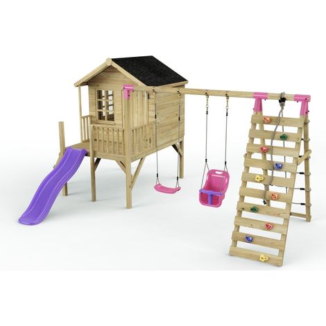 Rebo Playhouse and Double Swing Set with Climbing Wall and Slide - Luna Purple
