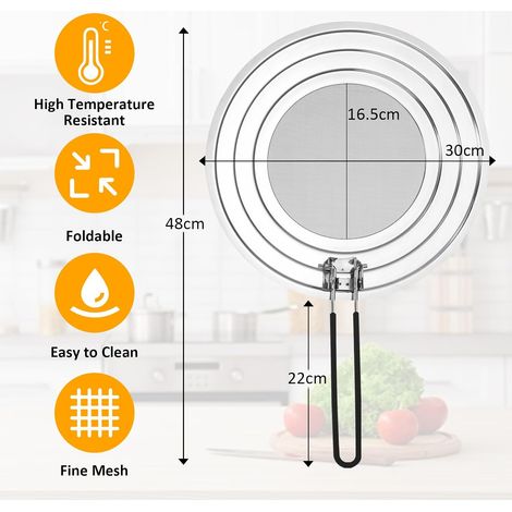 Protector antisalpicaduras para cocina, apto para sartenes con diámetros de 20, 24 y 28 cm, con mango plegable. (1/4)