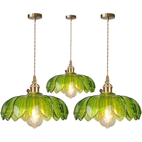 3pcs Lampe Suspension Moderne en Verre,25cm Vintage Lustre Abat-jour en Fleur Vert avec Interrupteur ligne 1.5M Reglable (1/5)