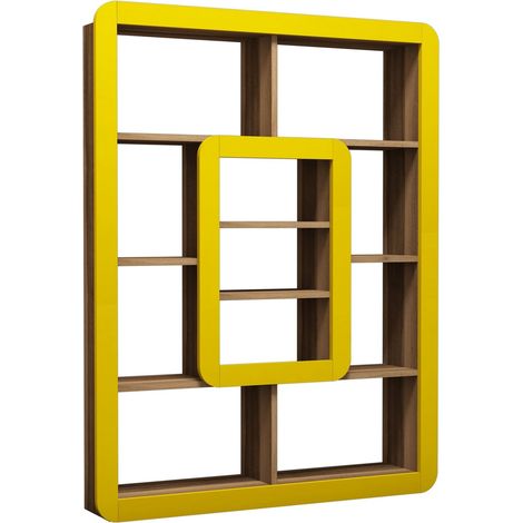Holz Bücherregal "Orkide" - 108 x 21 x 140 cm - Walnuss, Gelb
