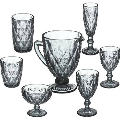 Relaxdays assorted glass set, 7pieces, pitcher, sundae dish, 1 flute, 2 wine glasses, 1 tall glass & 1 tumbler, grey